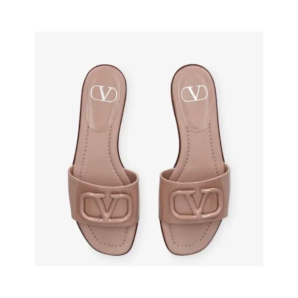 Valentino Garavani VLogo Signature Beige Leather Slide Sandals Size 37